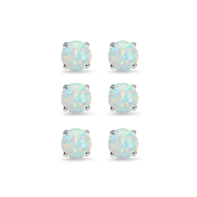3 Pair Set Sterling Silver 6Mm Created White Opal Round Stud Earrings