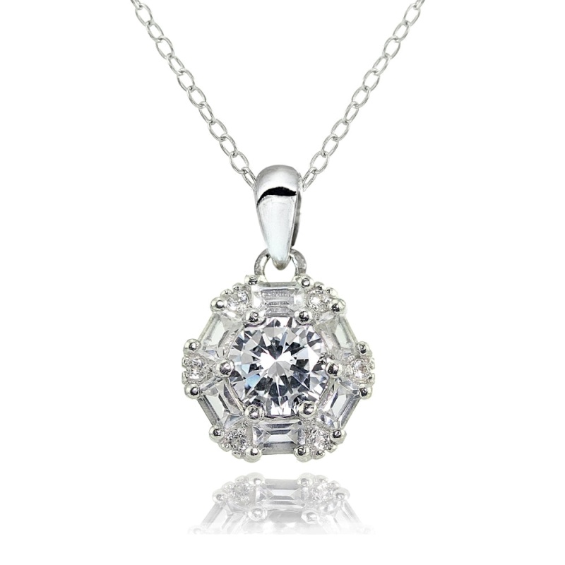 Sterling Silver Cubic Zirconia Baguette And Round-Cut Fashion Necklace