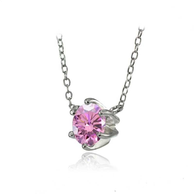 Sterling Silver 7Mm Round Light Pink Cubic Zirconia 6-Prong Solitaire Necklace