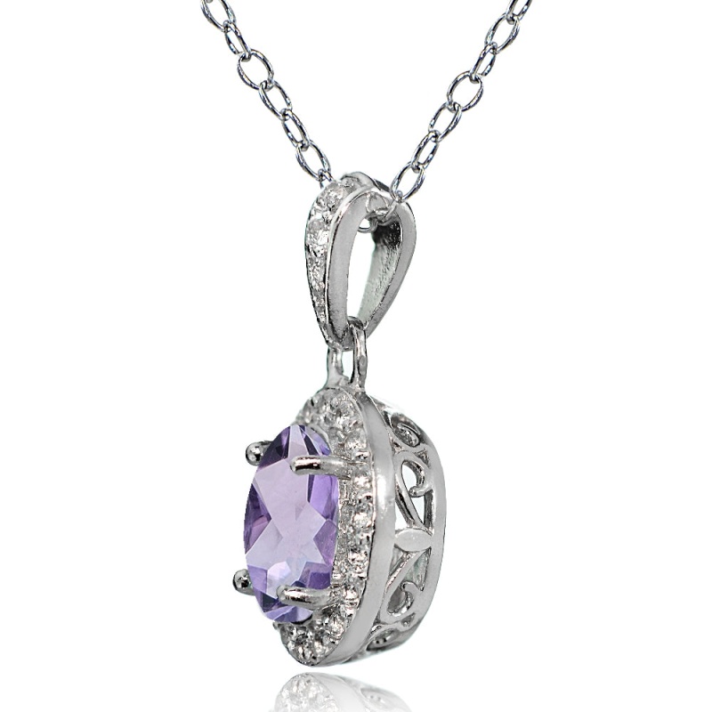 Sterling Silver Amethyst And White Topaz Oval Halo Necklace