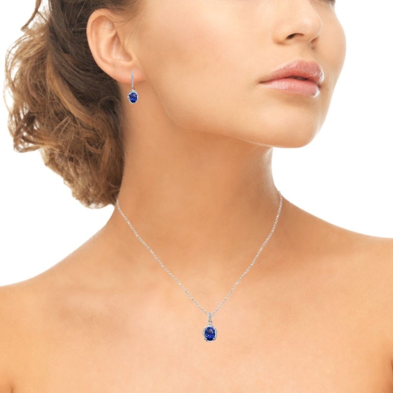 Sterling Silver Created Blue Sapphire & Cubic Zirconia Oval Love Knot Leverback Earrings & Pendant Necklace Set