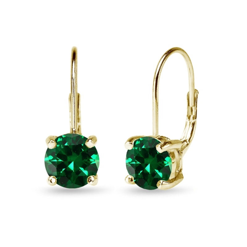 Yellow Gold Flashed Sterling Silver Polished Simulated Emerald 7Mm Round Dainty Leverback Earrings