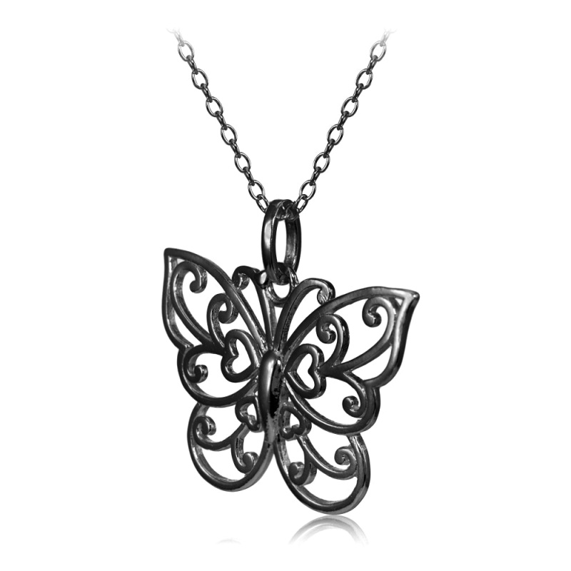 Black Flashed Sterling Silver High Polished Filigree Butterfly Necklace