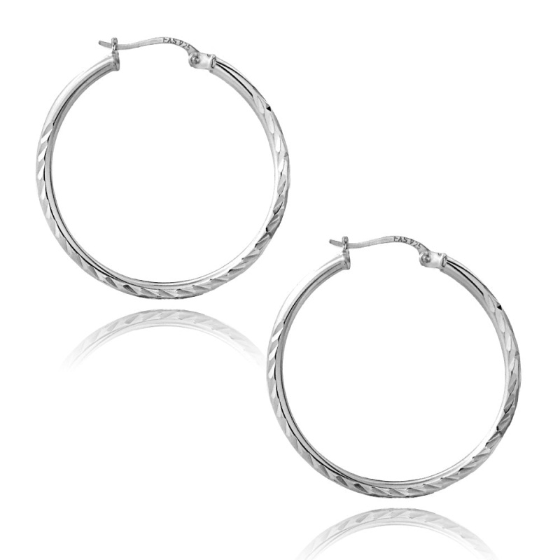 Sterling Silver 2Mm Diamond Cut High Polished Round Hoop Earrings, 30Mm