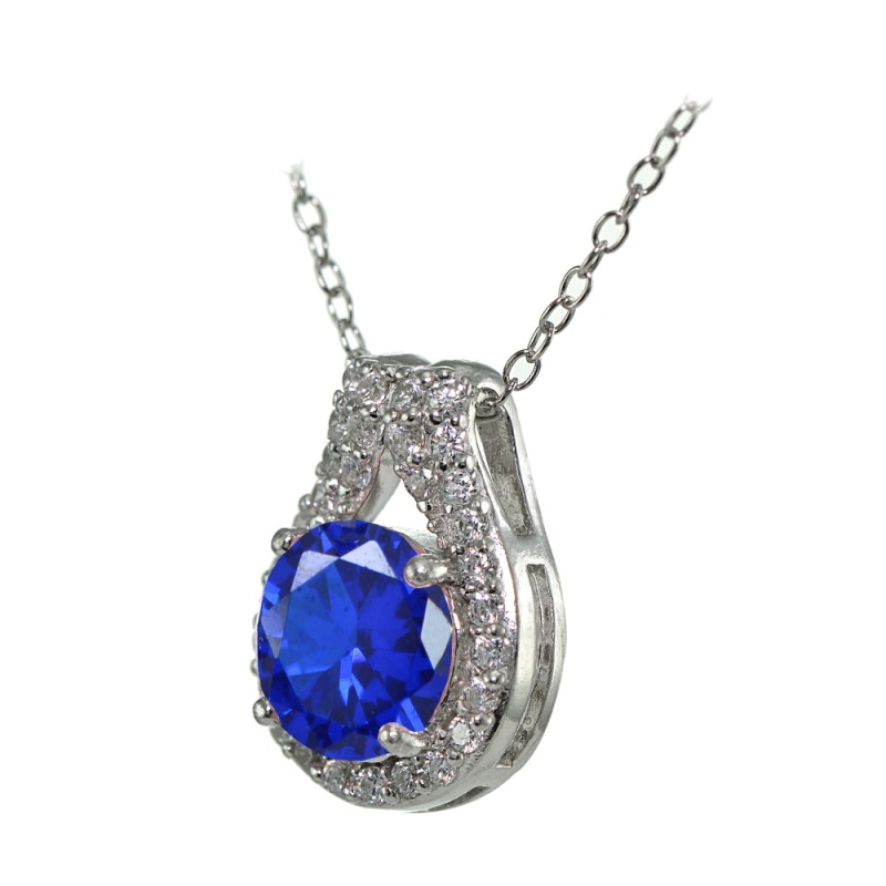 Sterling Silver Created Blue Sapphire Round Halo Necklace With Cz Accents