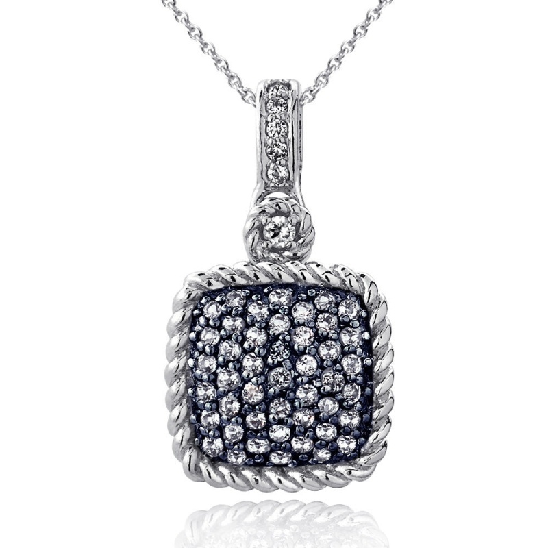 Sterling Silver 1.5Ct Blue & White Topaz Square Rope Pendant Necklace