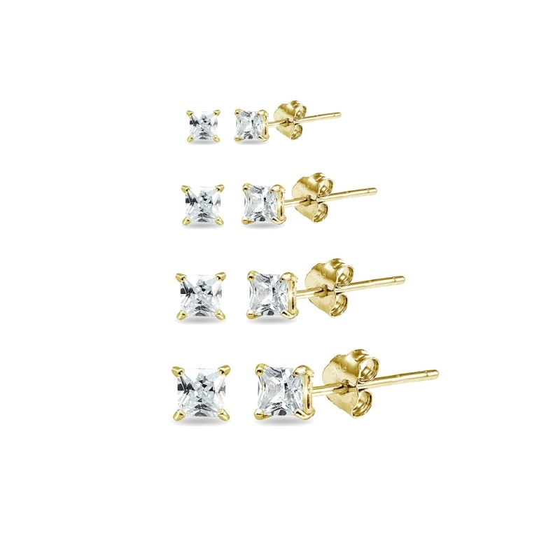 4 Pair Set Yellow Gold Flashed Sterling Silver Cubic Zirconia Princess-Cut Square Stud Earrings, 2Mm 3Mm 4Mm 5Mm