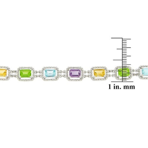 Sterling Silver 12.45Ct. Tgw Multi Gemstones Emerald Cut Link Bracelet
