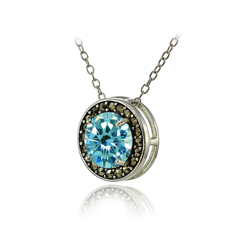 Sterling Silver Created Aquamarine And Marcasite Halo Necklace