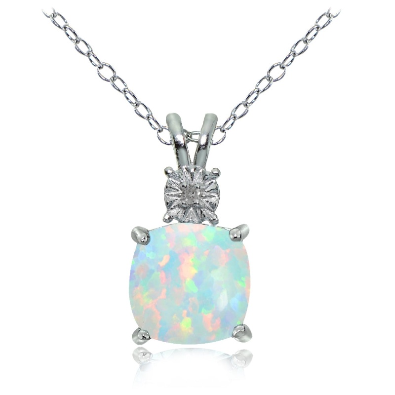 Sterling Silver Created White Opal And Diamond Accent Cushion-Cut Necklace