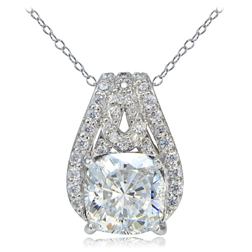 Platinum Plated Sterling Silver 100 Facets Cubic Zirconia Cushion-Cut Slide Necklace