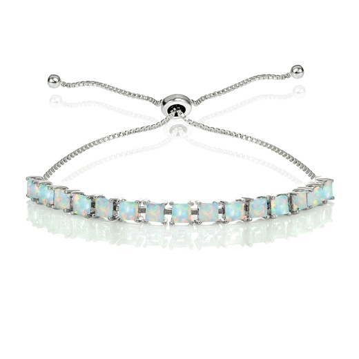 Sterling Silver 3Mm Created White Opal Princess-Cut Adjustable Bolo Tennis Bracelet