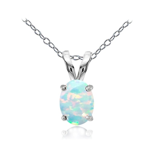 Sterling Silver Created White Opal 8X6mm Oval Solitaire Necklace