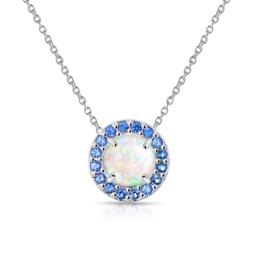 Sterling Silver Created White Opal and Blue Sapphire Round Halo Necklace