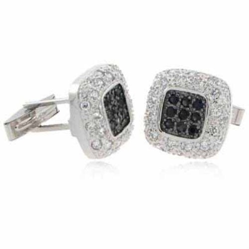Sterling Silver Black & Clear Cz Pave Square Men's Cufflinks