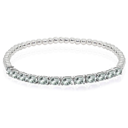 Sterling Silver Light Aquamarine Oval Beaded Stretch Tennis Style Bracelet