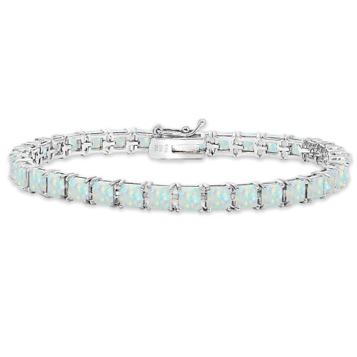 Sterling Silver Created White Opal 4Mm Princess-Cut Square Classic Tennis Bracelet