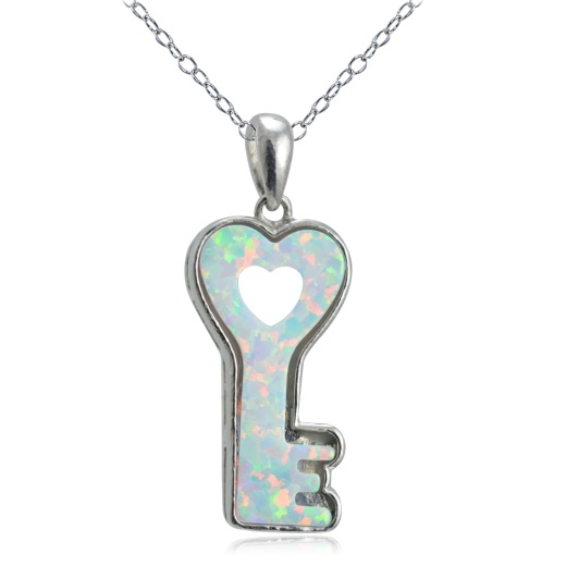Sterling Silver Created White Opal Heart Key Necklace