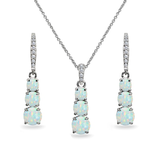 Sterling Silver Created White Opal 3-Stone Journey Pendant Necklace & Dangle Leverback Earrings Set