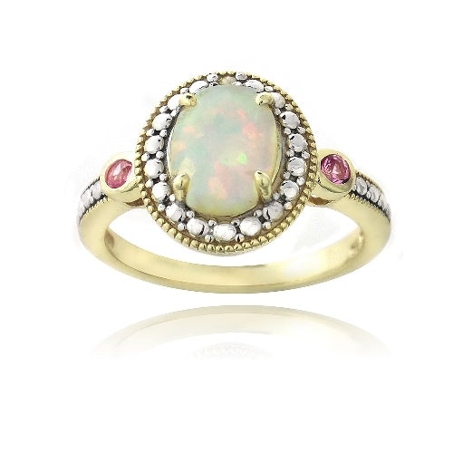 Gold Tone Over Silver Diamond Accent Created White Opal & Pink Sapphire Oval Ring