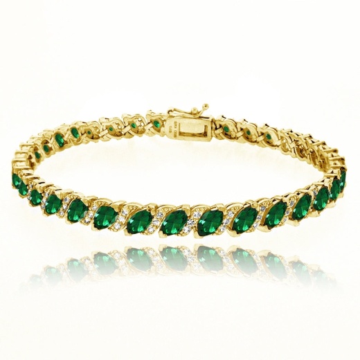 Silverspeck Yellow Gold Flashed Sterling Silver Simulated Emerald Marquise-Cut Tennis Bracelet with White Topaz Accents