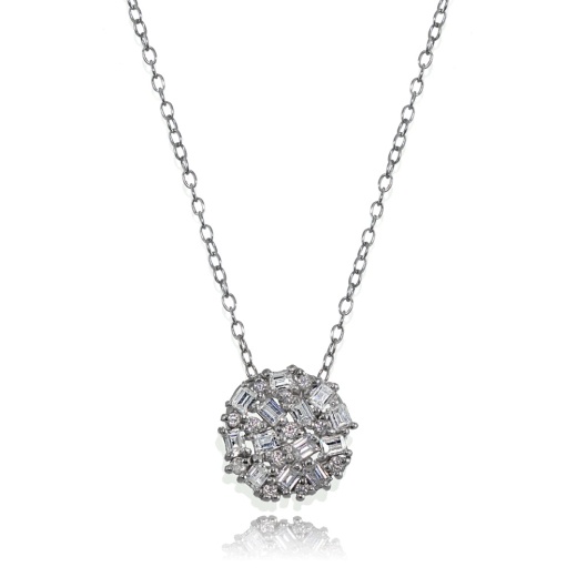 Sterling Silver Baguette and Round-Cut Cubic Zirconia Cluster Round Circle Necklace