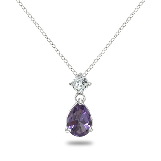 Sterling Silver Created Alexandrite & White Topaz Teardrop Slide Dangling Necklace