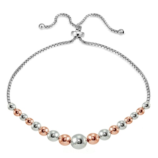 Rose Gold Over Sterling Silver Two Tone Graduated Bead Adjustable Bracelet