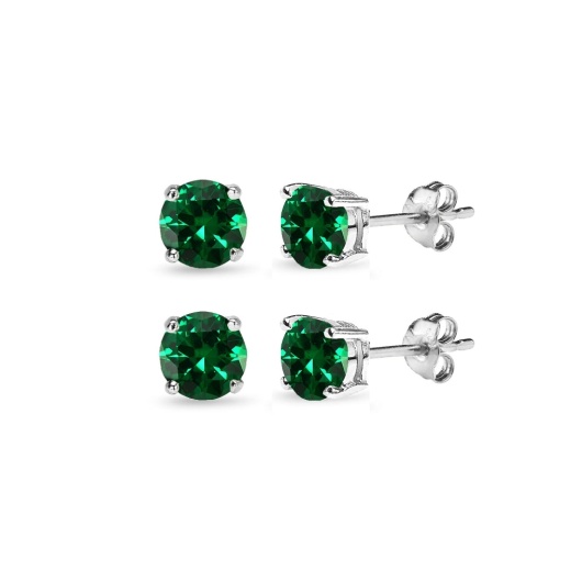 2 Pair Set Sterling Silver 6Mm Simulated Emerald Round Stud Earrings