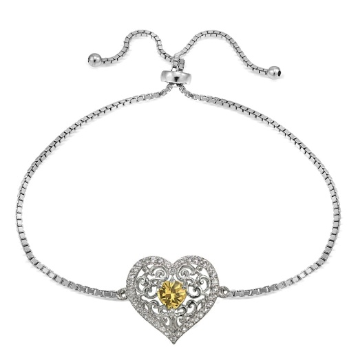 Sterling Silver Citrine and White Topaz Filigree Heart Adjustable Bracelet