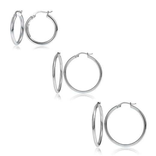 Set Of 3 Sterling Silver 2Mm Polished Round Hoop Earrings, 20Mm, 25Mm 30Mm