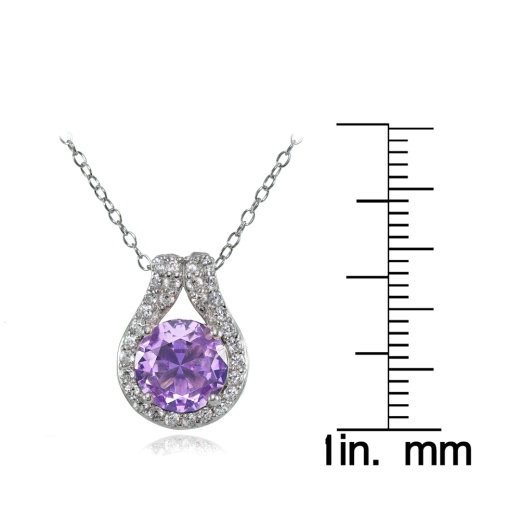 Sterling Silver Created Amethyst Round Halo Necklace With Cz Accents
