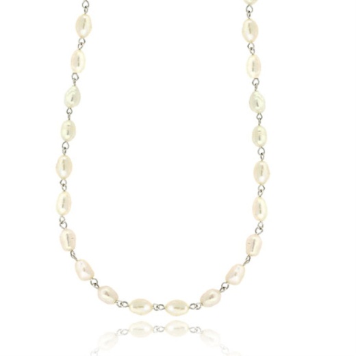 Rice Genuine Oval Freshwater Cultured White Sterling Silver .925 Link Necklace 18 Inch