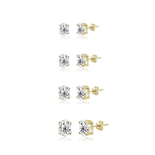4-Pair Set Yellow Gold Flash Sterling Silver Cubic Zirconia Oval Stud Earrings