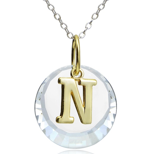 Sterling Silver Two-Tone "N" Initial Necklace Made With Swarovski Elements, 18"