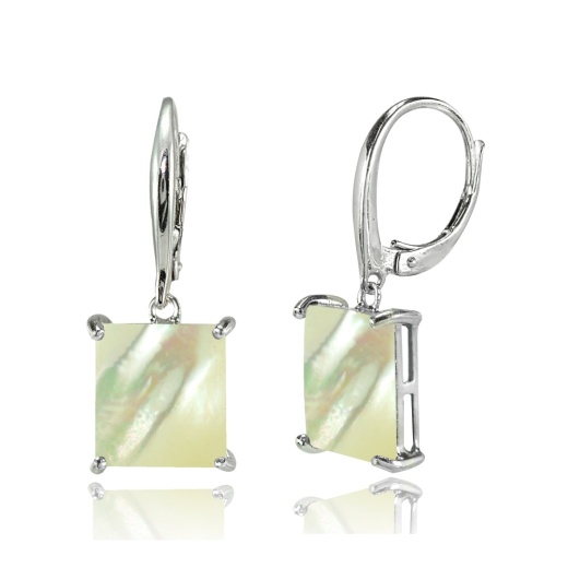 Sterling Silver Created Mother Of Pearl Square Leverback Dangle Earrings