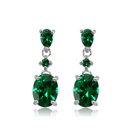 Sterling Silver Simulated Emerald Oval Three Stone Dangling Stud Earrings