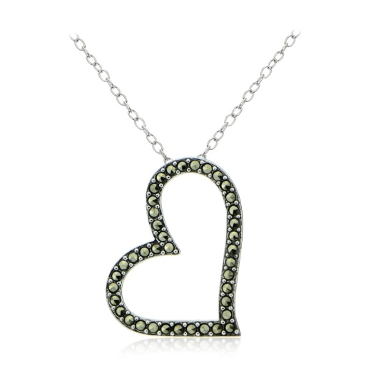 Sterling Silver Marcasite Sideways Open Heart Necklace - Silverspeck
