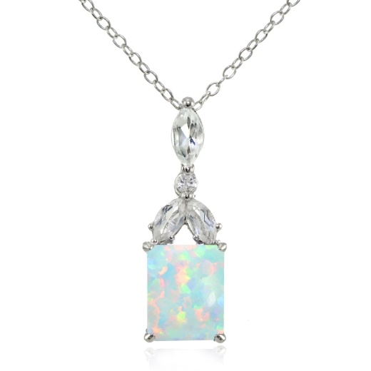 Sterling Silver Created White Opal and White Topaz Emerald-Cut Necklace