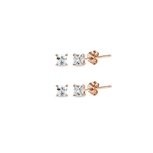 Rose Gold Flashed Sterling Silver Cubic Zirconia Princess-Cut Square 2Mm Stud Earrings