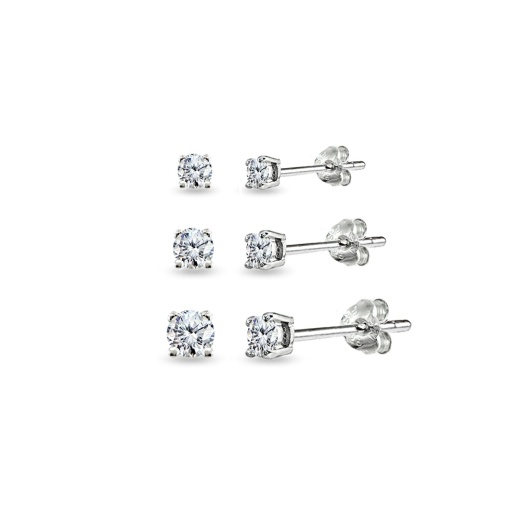 3 Pair Set Sterling Silver Cubic Zirconia Round Stud Earrings