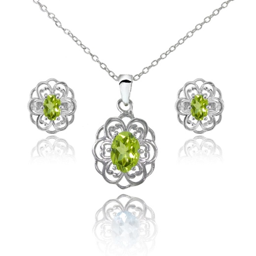 Sterling Silver Peridot Oval Filigree Flower Pendant Necklace And Stud Earrings Set