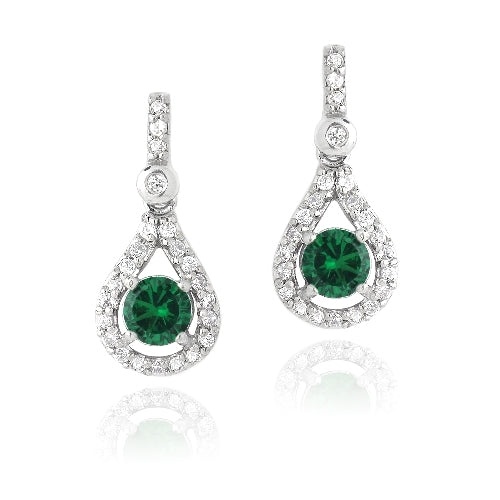 Sterling Silver Round 1Ct Created Emerald & Cz Teardrop Dangle Earrings
