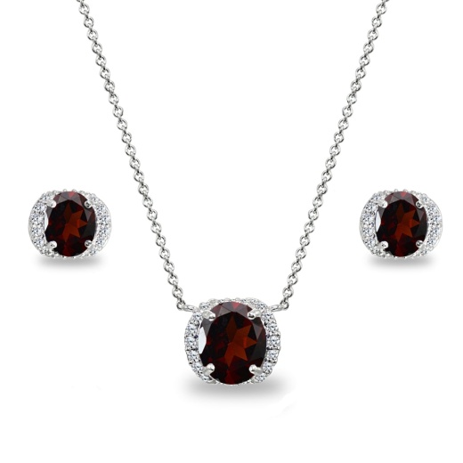 Sterling Silver Garnet Oval-Cut Crown Stud Earrings & Necklace Set With Cz Accents