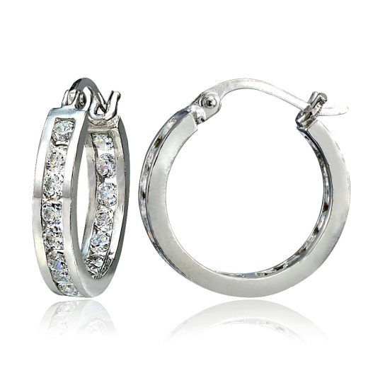 Sterling Silver Cubic Zirconia Inside Out Channel-Set 15Mm Round Hoop Earrings - Silverspeck