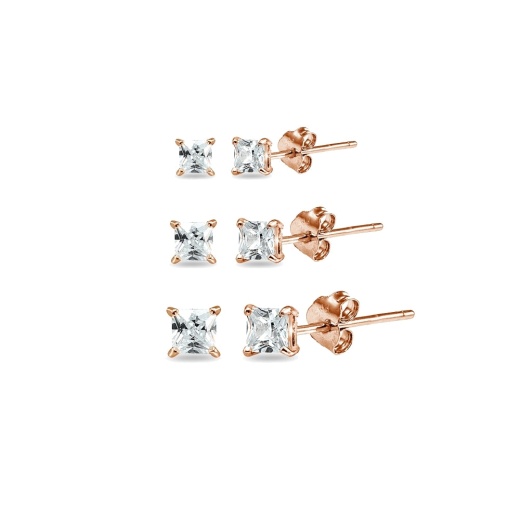 3 Pair Set Rose Gold Flashed Sterling Silver Cubic Zirconia Princess-Cut Square Stud Earrings - Silverspeck