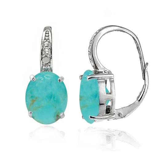 Sterling Silver Created Turquoise Opal & Diamond Accent Oval Leverback Earrings