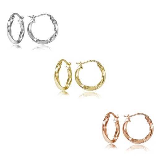 Sterling Silver Tri Color 2X15mm Twist Polished Hoop Earrings Set Of 3