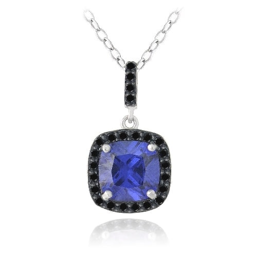 Sterling Silver 2.75Ct Created Tanzanite & Black Spinel Square Necklace
