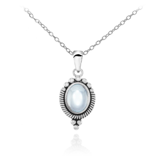 Sterling Silver Cabochon Blue Topaz Oval Oxidized Vintage Necklace - Silverspeck